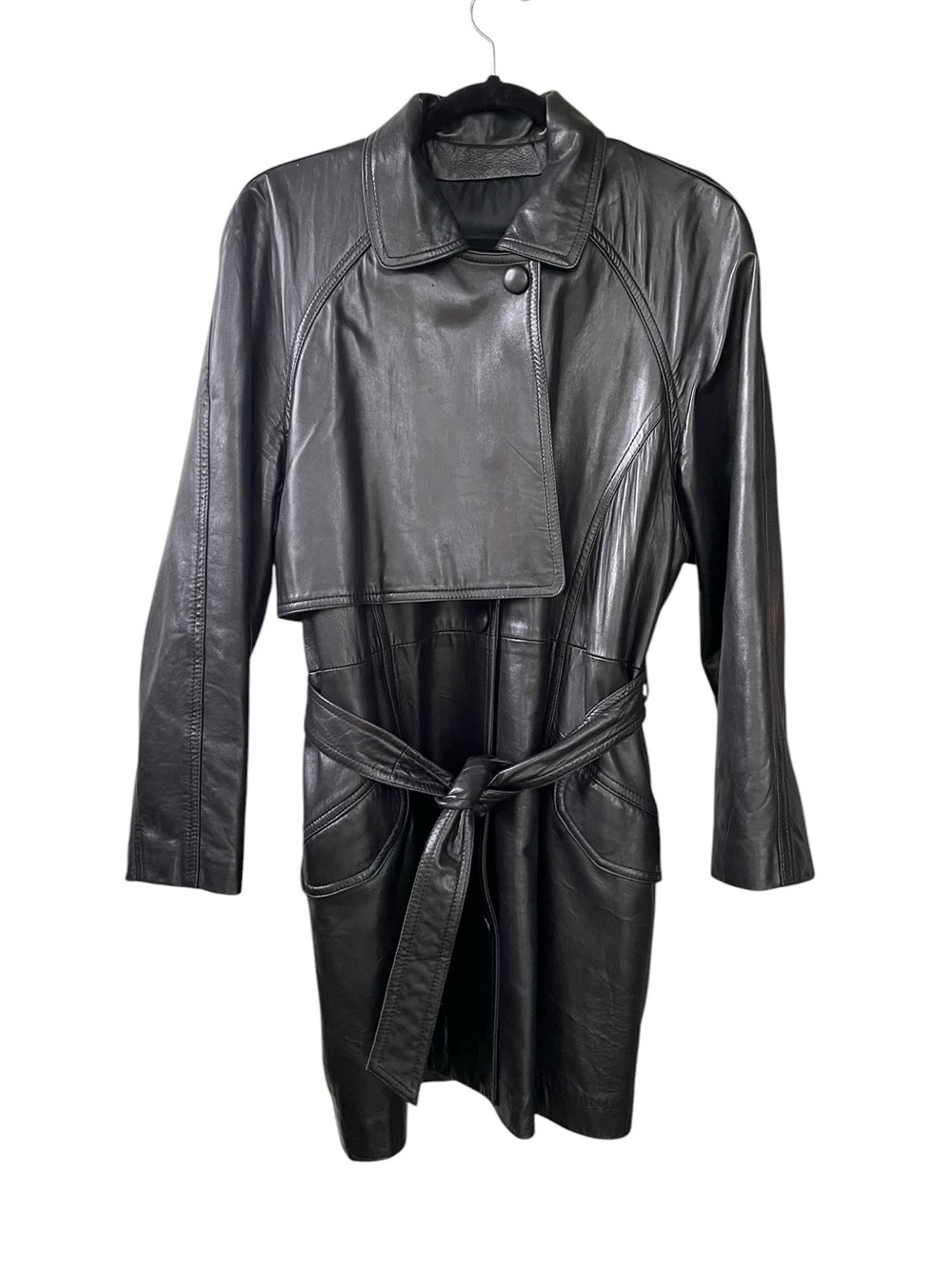DANIER Women's Black Leather Trench Coat with Waist Tie M